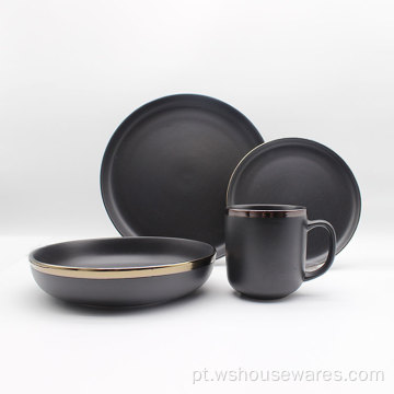 Design exclusivo preto e utensílios de mesa com borda de esmalte